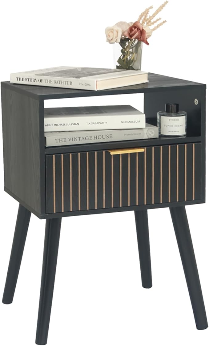 MaxSmeo Black Nightstand with Drawer, Mid Century Modern Bedside Table with Open Shelf Storage, End Table with Solid Wood Legs, Black - LeafyLoom