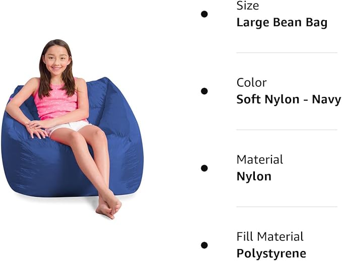 Posh Creations Coronado Bean Bag Boys and Girls Large Chair for Kids, for Gaming and Playrooms, Soft Nylon-Navy - LeafyLoom