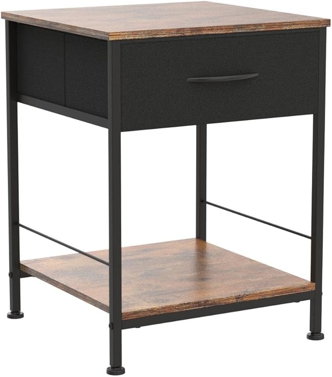 WLIVE Night Stand, Side Table with Fabric Storage Drawer, Small Nightstand, Bedside Table End Table for Bedroom, Dorm, Open Wood Shelf, Steel Frame, Black and Rustic Brown - LeafyLoom