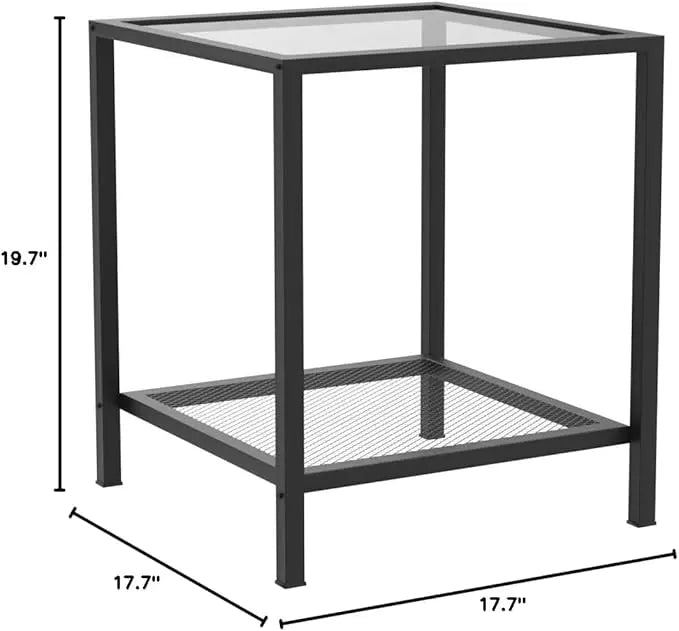 SAYGOER Black Side Table Small Glass End Table 2-Tier Narrow Square Bed Side Table Sofa Small Leisure Table with Black Metal Frane for Living Room Bedroom Balcony Patio, Black Glass - LeafyLoom