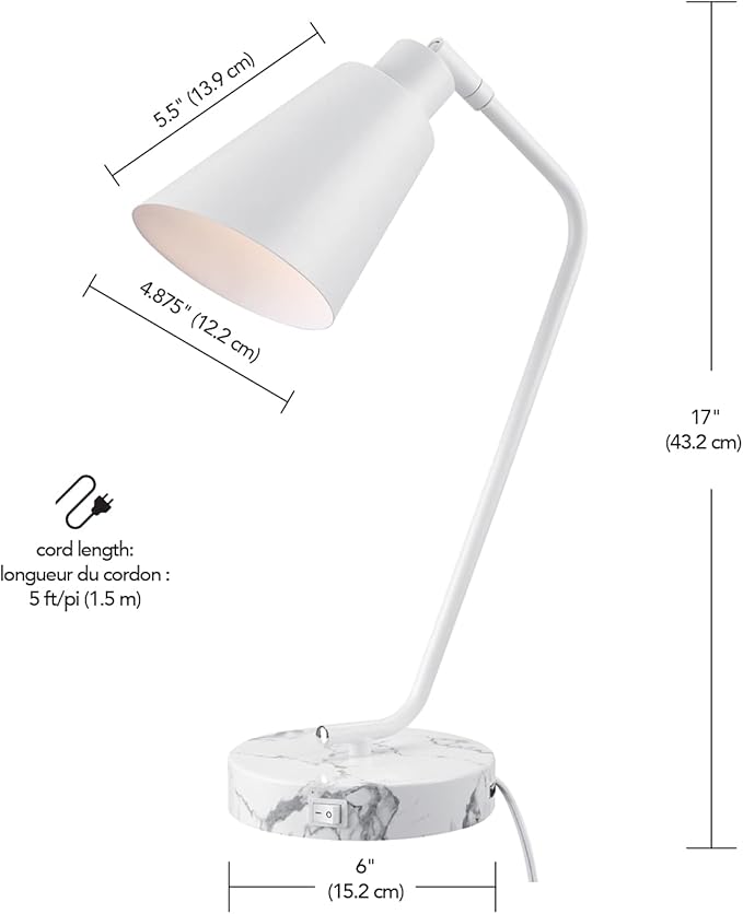 Globe Electric 52295 Belmont 17" Desk Lamp, Matte White, White Faux Marble Base, 2.1A USB Port, On Off Rocker Switch at Base - LeafyLoom