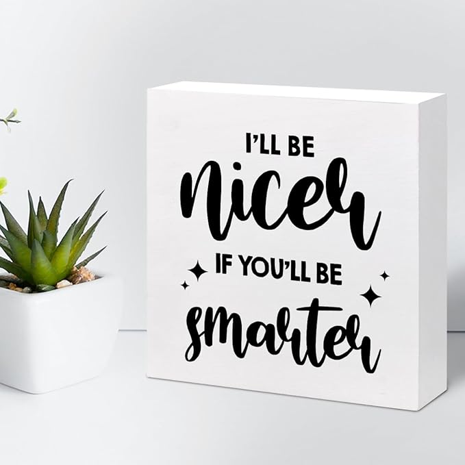 Funny Office Wood Sign,I'll Be Nicer If You'll Be Smarter Wood Block Box Sign Desk Decor,Humorous Plaque Sign for Office Home Shelf Desk Table Decor Decorations - LeafyLoom