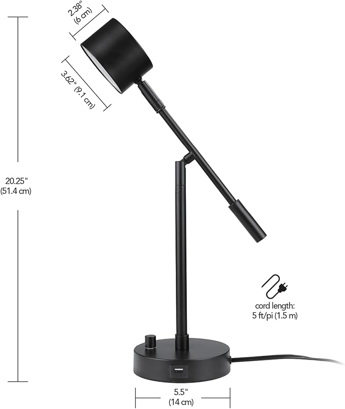 Globe Electric 52271 Aristocrat 16" Integrated LED Swing Arm Desk Lamp, Matte Black, Dimmable On/Off Rotary Switch at Base, 2.1A USB Port - LeafyLoom