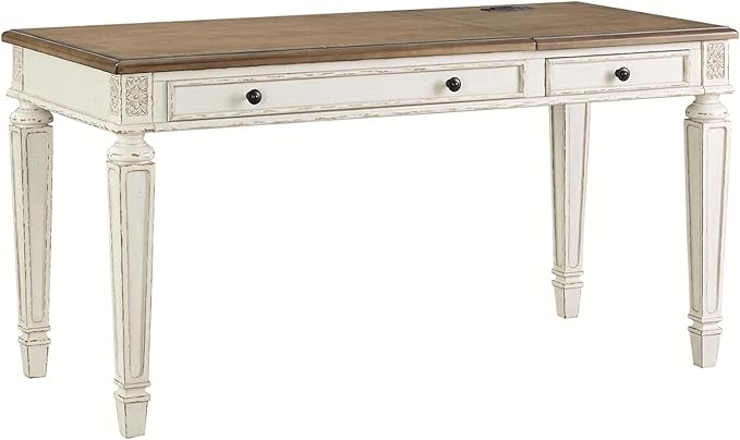 Signature Design by Ashley Realyn French Country 60" Home Office Lift Top Desk with USB Charging, Chipped White and 3 Drawer Nightstand with Electrical Outlets & USB Ports, Chipped White - LeafyLoom