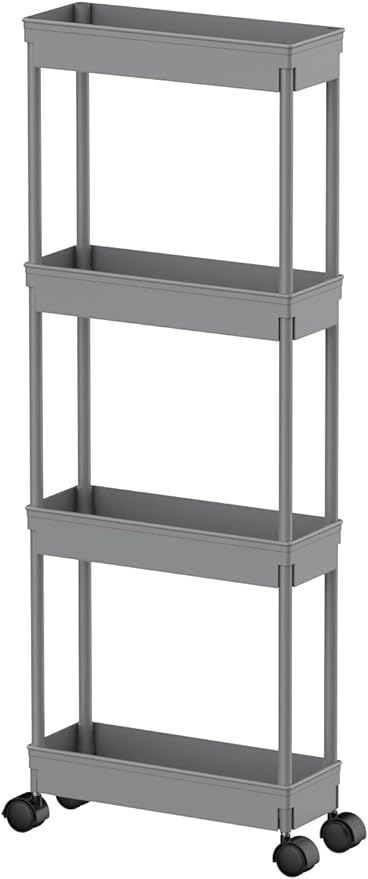 Sooyee 4 Tier Slim Storage Cart,Rolling Storage Cart,Narrow Shelf,Bathroom Rack,Mobile Shelving Unit Organizer for Kitchen, Bathroom, Laundry Room, Grey - LeafyLoom