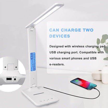 LED Desk Lamp, Desk Lamp with Wireless Charger, Suitable for Home, Office Dimmable Desk Lamp, with USB Charging Port, Built-in Clock, Calendar, Thermometer and Automatic Timing Reading Desk Lamp. - LeafyLoom