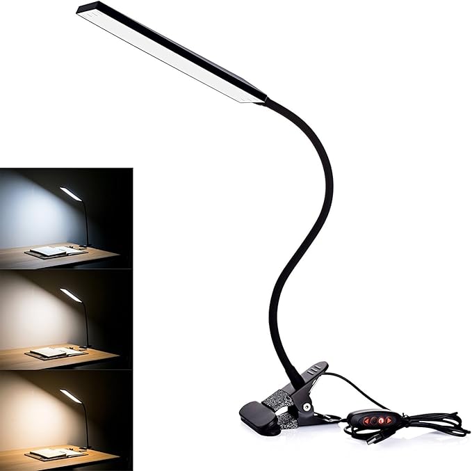 LED Desk Lamp Dimmable Eye-Care Reading Light Office Light Adjustable 3 Color Modes,14 Brightness Levels, Gooseneck Flexible Clip-on Light for Studying, 5W-Black - LeafyLoom