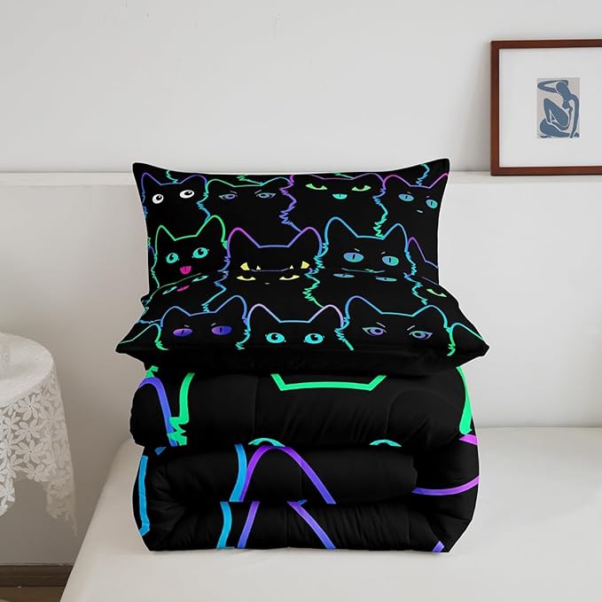 Erosebridal Cute Cat Kids Comforter Neon Rainbow Line Cat King Bedding Set for Boys Girls Teen Cartoon Kawaii Cats Toddler Bed Set Colorful Animals Quilt Set Reversible Black,2 Pillow Cases - LeafyLoom