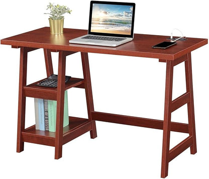 Convenience Concepts Designs2Go Trestle Desk with Charging Station and Shelves, Cherry - LeafyLoom