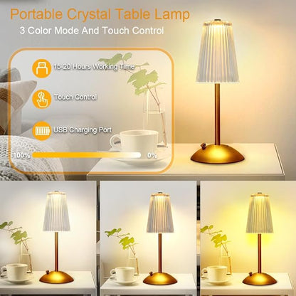 Portable Crystal Table Lamp,Cordless Metal Vintage Desk Lamp,3 Color Touch Control Rechargeable Lamp,3-Levels Brightness Room Decor Desk Lamp,Living Room,Kitchen,Dining Room Lamp (Gold-4) - LeafyLoom