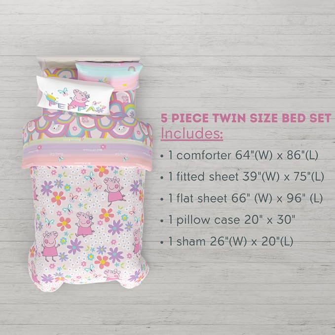 Franco Peppa Pig Kids Bedding Super Soft Comforter and Sheet Set with Sham, 5 Piece Twin Size, (Officially Licensed Product) - LeafyLoom