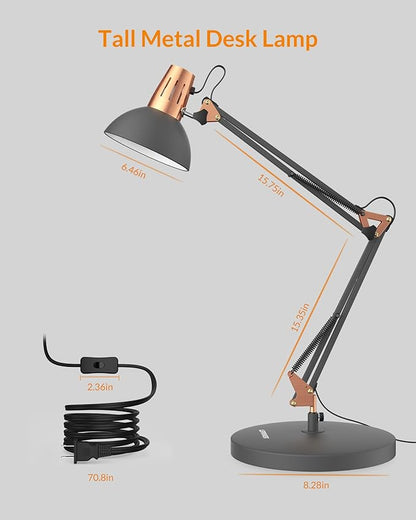 LEPOWER Metal Desk Lamp, Adjustable Goose Neck Architect Table Lamp with On/Off Switch, Swing Arm Desk Lamp with Clamp, Eye-Caring Reading Lamp for Bedroom, Study Room &Office (Sandy Black) - LeafyLoom