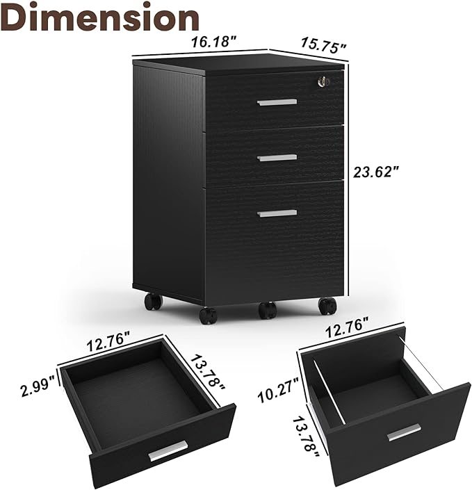 Maxtown 3 Drawer File Cabinet, Wood Filing Cabinet for Home Office, File Cabinet Office Drawer with Lock, Rolling Filing Cabinet for A4/Letter Size, Oak Grain - LeafyLoom