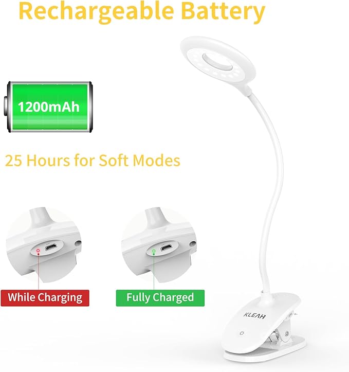 Clip on Light for Bed & Desk, Reading in Bed, Dorm, Flexible Gooseneck, Battery Operated Rechargeable Clamp Lamp for Headboard, Eye-Caring LED Light with 3 Brightness Modes - LeafyLoom