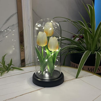 LED Tulip Lamp Artificial Flower Night Light Handmade Light up Tulips in Glass Dome Table Lamp Ornaments Desktop Decor - Battery Operated (Champagne) - LeafyLoom