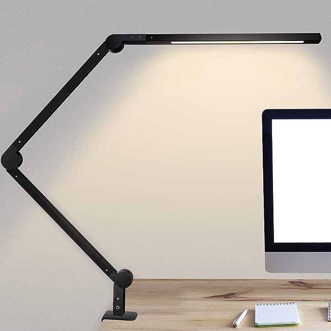 Desk Lamp with Clamp | Swing Arm Desk Light | Eye Caring Table Lamp, Dimmable, 5 Color Modes, Memory, Timer | Modern Architect Desk Lamps for Home Office Study Work Task Drafting Workbench - LeafyLoom