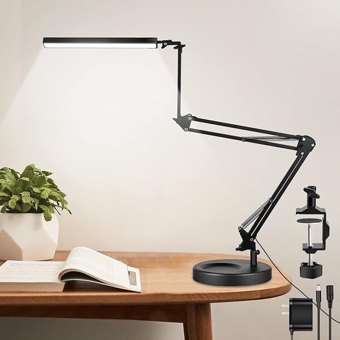 NOEVSBIG LED Desk Lamp with Clamp,2-in-1 Clamp on Desk Lamp with Base,50.7" Adjustable Swing Arm Architect Desk Lamp,Memory Function Desk Lights for Home Office,Workbench,Reading,Craft,Drafting - LeafyLoom