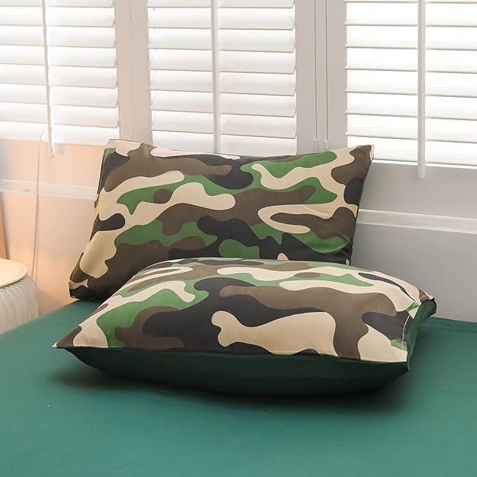 Meeting Story Camouflage Bedding Set, Colorful Pattern Style Comforter Set, 5 PCS One Comforter Two Pillowcases Two Sheets in One Bag, All Season Bedspread for Teens Adults (Green, Queen 5Pcs) - LeafyLoom