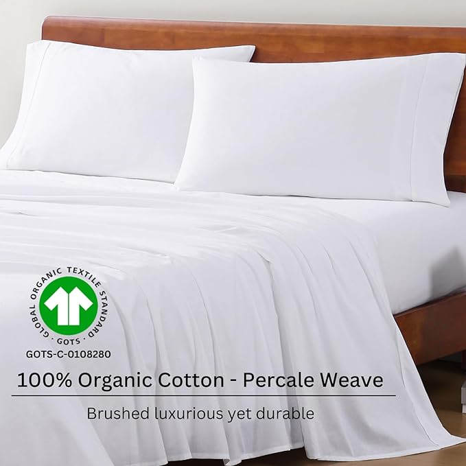 LANE LINEN 100% Organic Cotton Full Size Bed Sheets, Super Soft Long Staple Cotton Bed Sheets Full Size, Percale Weave Bedding Sheets and Pillowcases - White Full Sheet Set Fits 15" Deep Mattress - LeafyLoom