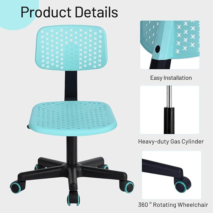 Desk Chair Armless Cute Office Chair, Low Back Rolling Home Office Task Chair Adjustable Swivel Study Chair for Girls Teens Adults Children Kids, Turquoise - LeafyLoom