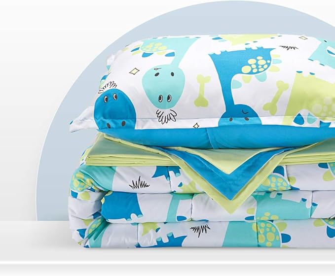 SLEEP ZONE Kids Bedding Comforter Set Full/Queen Size - Super Cute & Soft Kids Bedding 7 Pieces Set with Comforter, Sheet, Pillowcase & Sham (Cute Dino) - LeafyLoom