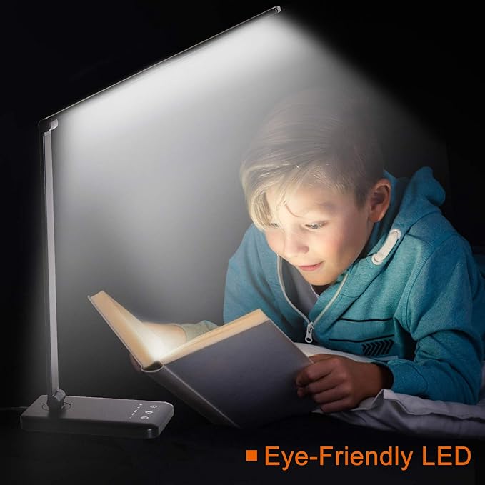 LED Desk Lamp,Eye-Caring Table Lamps,Stepless Dimmable Office Lamp with USB Charging Port,Touch/Memory/Timer Function,25 Brightness Lighting,Foldable Lamp for Reading,Studying,Working - LeafyLoom