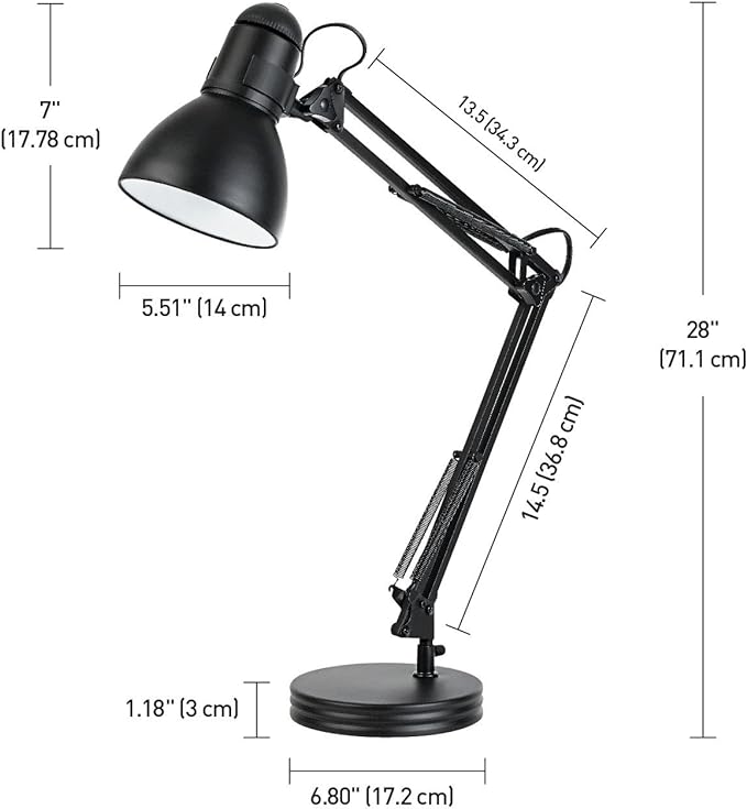 Globe Electric 5698601 28" Heavy Base Top Moving Spring Balanced Swing Arm Desk Lamp, Black, On/Off Rotary Switch on Shade, Office Decor, Reading Light, Home Essentials, Room Lighting - LeafyLoom