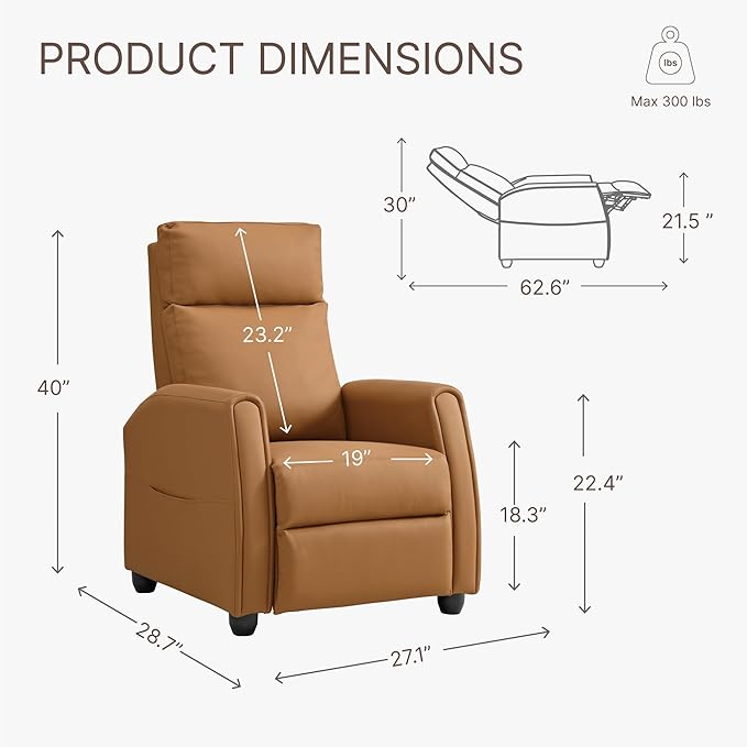 Recliner Chair for Adults PU Leather Push Back Armchair with 4 Colors Ambient Lighting Home Theater Seating with Massage & Heat Vibration Single Sofa for Living Room, Camel - LeafyLoom