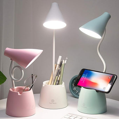 Desk Lamp LED, Desk Lamps with 3 Lighting Modes and Stepless Dimming, Desk Light 360 ° Flexible Gooseneck with Pen Holder & Mobile Phone Stand for Reading Kids Dorm (Pink) - LeafyLoom