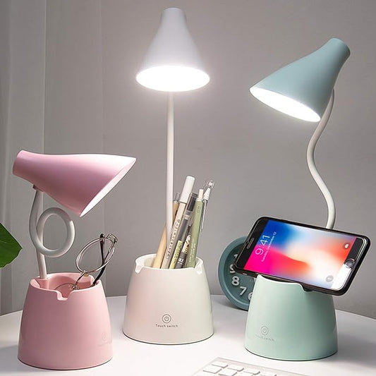 Desk Lamp LED, Desk Lamps with 3 Lighting Modes and Stepless Dimming, Desk Light 360 ° Flexible Gooseneck with Pen Holder & Mobile Phone Stand for Reading Kids Dorm (Green) - LeafyLoom