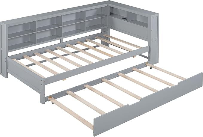 Wooden Twin Size DayBed with L-Shaped Bookcase Headboard and Trundle, Wood Twin Day Bed Frame with Storage Shelf and USB Charging Ports for Living Room Bedroom, Gray - LeafyLoom