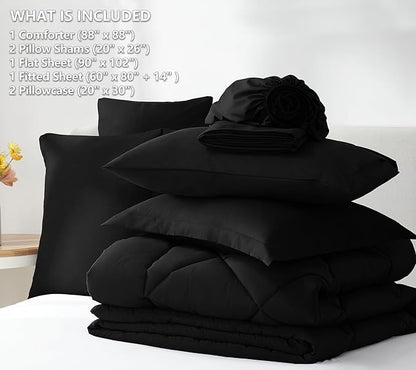 CozyLux Queen Comforter Set with Sheets 7 Pieces Bed in a Bag Black All Season Bedding Sets with Comforter, Pillow Shams, Flat Sheet, Fitted Sheet and Pillowcases - LeafyLoom