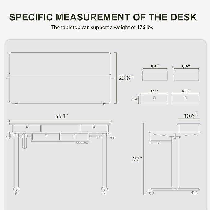 BANTI Height Adjustable Electric Standing Desk with 4 Drawers, 55 x 24 Inch Table with Storage Shelf, Sit Stand Desk, White Top - LeafyLoom