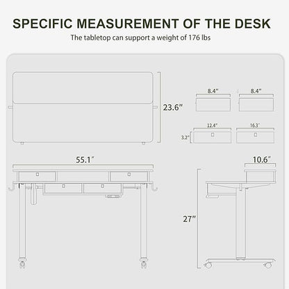 BANTI Height Adjustable Electric Standing Desk with 4 Drawers, 55 x 24 Inch Table with Storage Shelf, Sit Stand Desk, White Top - LeafyLoom