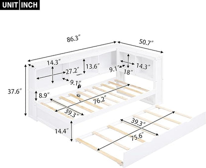 SuperStroke Jintop Twin Size Daybed with 5 Storage Cabinets and Trundle,Wood Sofa Bed Frame W/ 2 Standard Plug Outlets & Two USB Ports,No Box Spring Required,for Living Room Bedroom Apartment,White - LeafyLoom