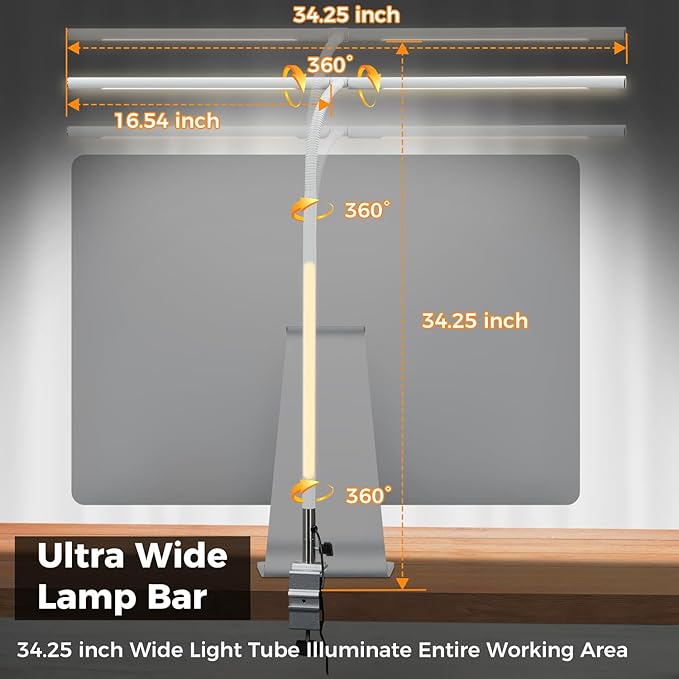 360°Rotatable Led Desk Lamp with Clamp, 34.25” Architect Desk Lamps for Home Office, 5 Color Modes with 3 Detachable Light Tubes, Gooseneck Desk Lights for Workbench, Monitor, Study (White) - LeafyLoom