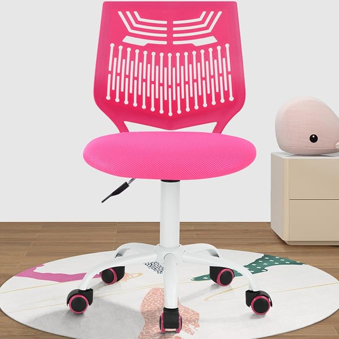 FurnitureR Desk Chair Armless Cute Home Office Desk Chair for Kids, Swivel Computer Task Chair Study Chair with Mesh Padded Cushion and Rolling Wheels for Child, Pink - LeafyLoom