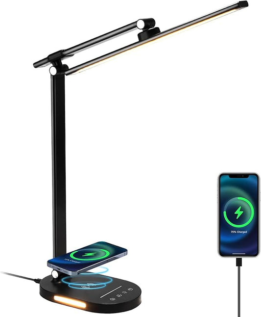 LED Desk Lamp with Wireless Charger, USB Charging Port, Touch Control, 5 Color Modes, 5 Brightness Level, Eye-Caring Desk Lamp for Study Reading, 1H Timer, Home Office Table Lamp - LeafyLoom