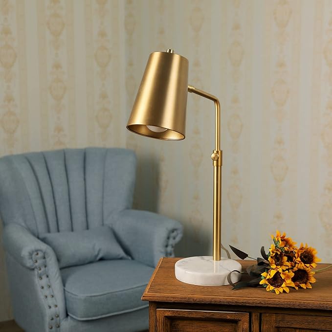 VONLUCE Work Lamp w/LED Bulb, Vintage Gold Desk Lamp w/Marble Base & Brass Lamp Shade, Mid Century Modern Reading Lamp for Office, 20" Industrial Table Task Lamp for Reading Bedroom Nightstands - LeafyLoom