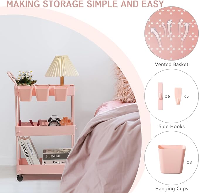 danpinera Slim Storage Cart, 3 Tier Narrow Rolling Cart on Wheels Bathroom Organizer Cart with Dividers Handle Hanging Cups Hooks for Laundry Room Kitchen Small Spaces, Pink - LeafyLoom