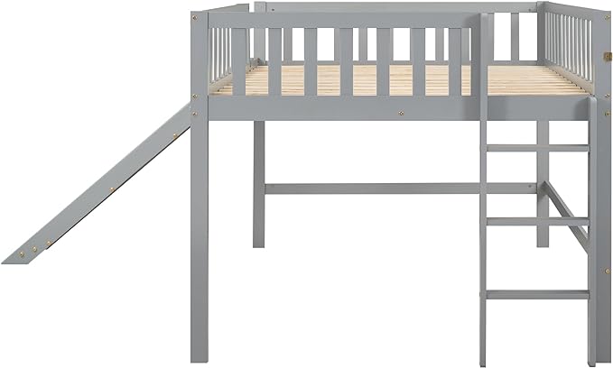 Merax Full Size Wood Low Loft Bed Frame with Slide for Kids Girls Boys,Full Length Guardrails, Gray - LeafyLoom