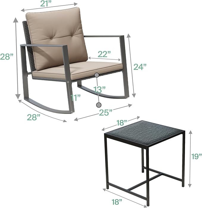 3 Piece Rocking Bistro Set - Synthetic Wicker Outdoor Furniture - Glass Coffee Table with 2 Chairs for Balcony, Patio & Porch - Black Metal, Soft Cushions (Coffee) - LeafyLoom