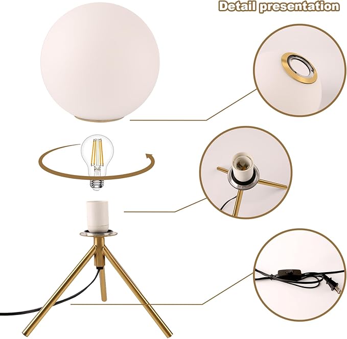 Mid century modern desk lamp with a golden base and white glass ball lampshade, suitable for 3 tone lighting in bedside bedrooms, living rooms, offices, libraries, and study rooms - LeafyLoom