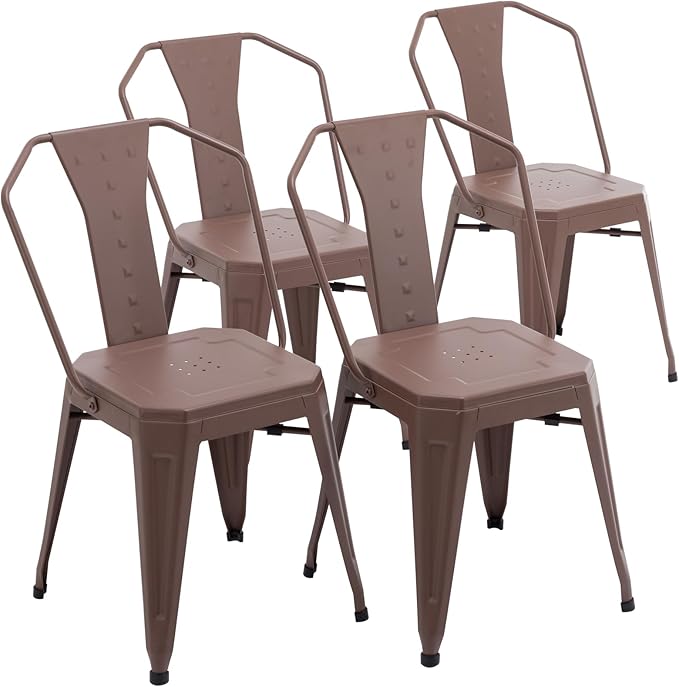 Modern Dining Chair Set of 4, Stackable Metal Chairs, Waterproof Counter Bar Chairs with High Backrest, Quick Assembly Cafe Chairs, Tolix Style for Home, Kitchen and Bar Use, Brown - LeafyLoom