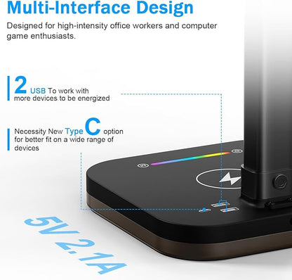 Black Desk Lamp for Office Gaming,Double Head Light for Home＆Office，Adjustable Light Mode and Brightness，Adjustable Height＆Angle in Metal Polwith Wireless Charger＆2 USB and 1 Type-c Ports - LeafyLoom