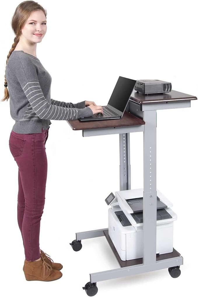 Stand Up Desk Store Rolling Adjustable Height Two Tier Standing Desk Computer Workstation (Silver Frame/Dark Walnut Top, 24" Wide) - LeafyLoom