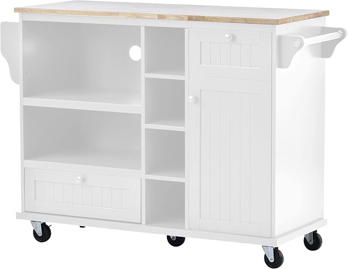 Kitchen Island with Storage on Wheels,Kitchen Island Cart w/Wine Storage Rack and 2 Drawers, Solid Wood Desktop Buffet Server Sideboard for Dining Room, Coffee Bar - LeafyLoom