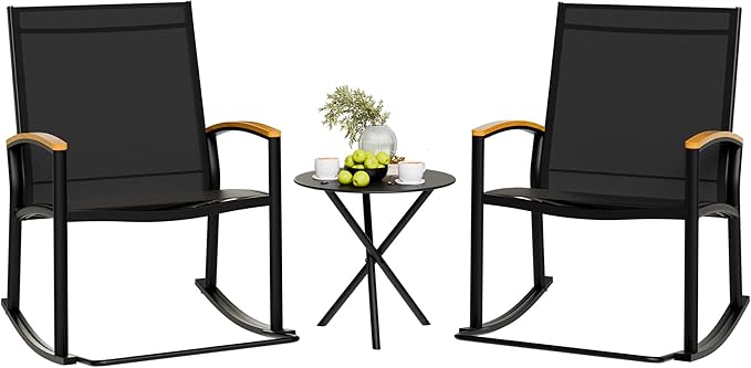 Shintenchi 3 Piece Outdoor Rocking Bistro Set, Textilene Fabric Small Patio Furniture Set, Front Porch Rocker Chairs Conversation Set with Table for Lawn, Garden, Balcony, Poolside (Black) - LeafyLoom