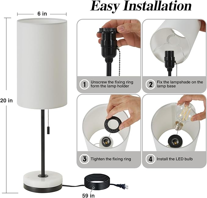 Luvkczc Minimalist Table Lamp Set of 2, Nightstand Lamp for Bedroom Living Room, Modern Pull Chain Bedside Lamp with Marble Base, Fabric Shade, Small Desk Lamp for Home, Office, Reading - LeafyLoom