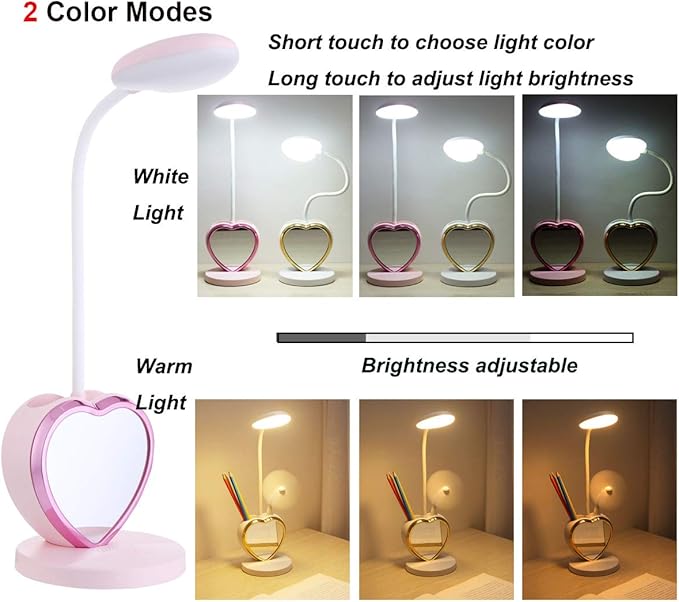 Pink Desk Lamp for Girls Bedroom Cute Desk Lamp 6 in 1 Eye-Caring Study Table Lamp for Kids Girls Women College Dorm Bedroom Reading,Stepless Dimming - LeafyLoom